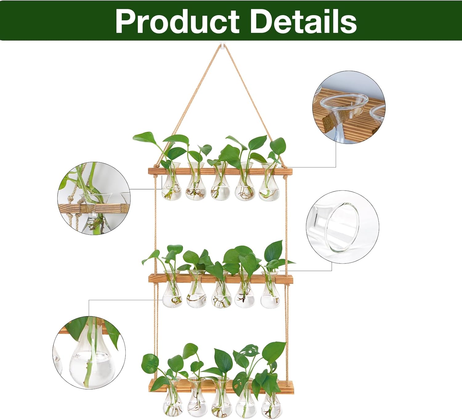 XXXFLOWER Wall Hanging Propagation Station with Wooden Stand 5 Bulb Vase 3 Tiers Planters Wall Terrarium for Home Office Plant Hanger Flower Vases Wall Decor - Image 3