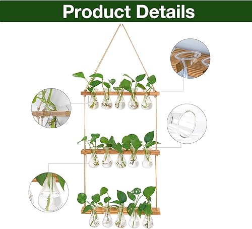 Miniatura 10 de XXXFLOWER Estación de propagación para colgar en la pared con soporte de madera, florero de 5 bombillas, 3 niveles, terrario de pared para el hogar,