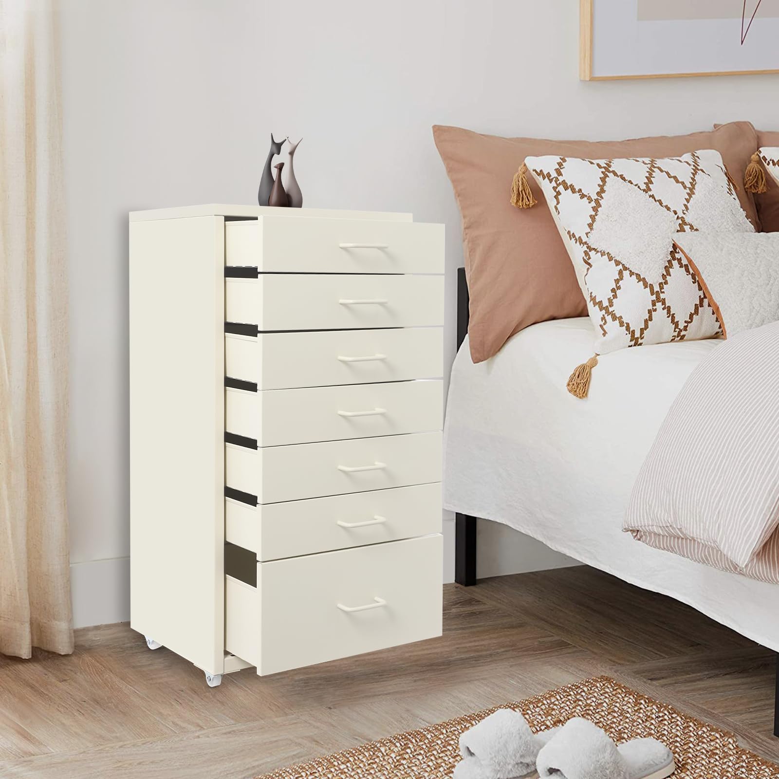 Contenitore a rotelle in metallo con 7 cassetti, Armadio per documenti mobile, Armadio per ufficio con ruote, Contenitore a rotelle Cassettiera con rotelle per casa ufficio, 35 x 26 x 69 cm (Beige)