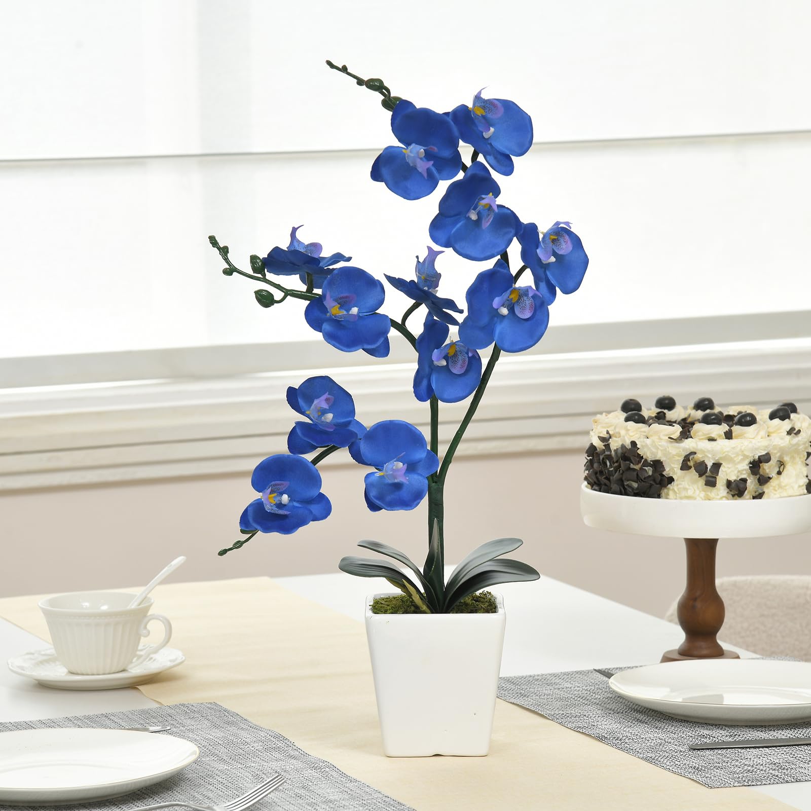 Orquídea Artificial de Seda Phalaenopsis de 15 Pulgadas de Alto (Azul Marino)