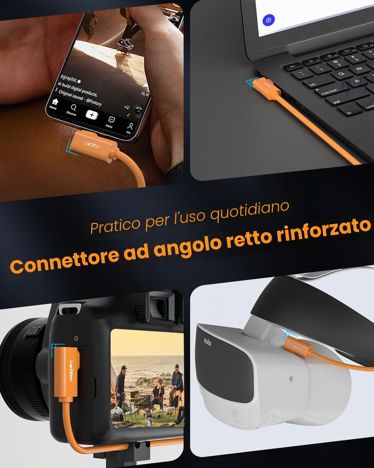 Cavo Tethering Fibra Ottica USB C da 4.5M, Angolo Retto con Trasmissione Dati Bidirezionale 10Gbps, Cavo VR con Ricarica PD 60W, USB 3.2 GEN 2 Link Cable per VR/Fotocamera/Sony/Canon/Nikon/MacBook