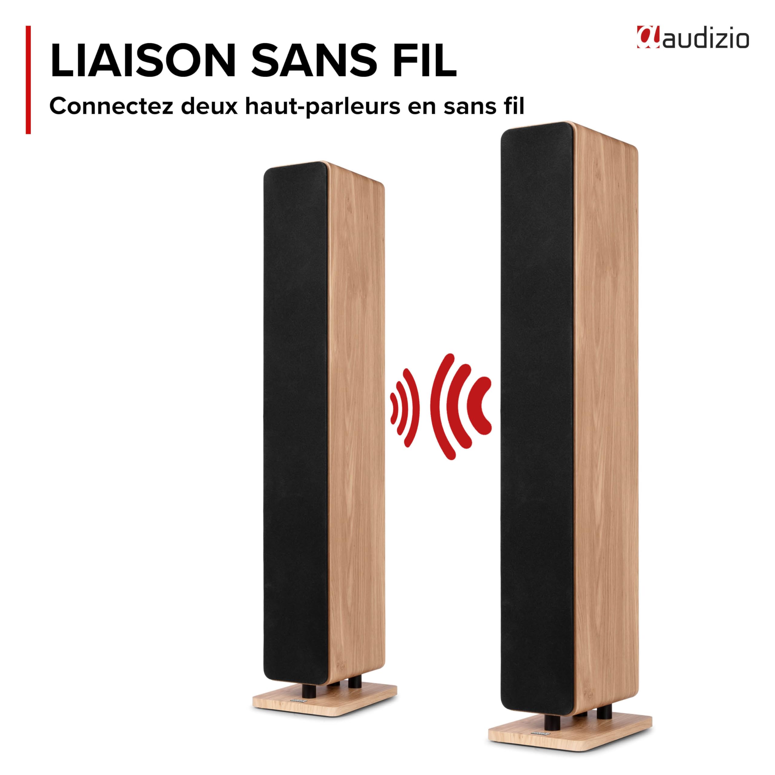 Audizio ARCO - Enceinte Colonne Hi-FI Active Chêne Clair avec Radio Dab+ 160W avec 3 Woofers 4″ - Tour de Son BT, USB, Optique