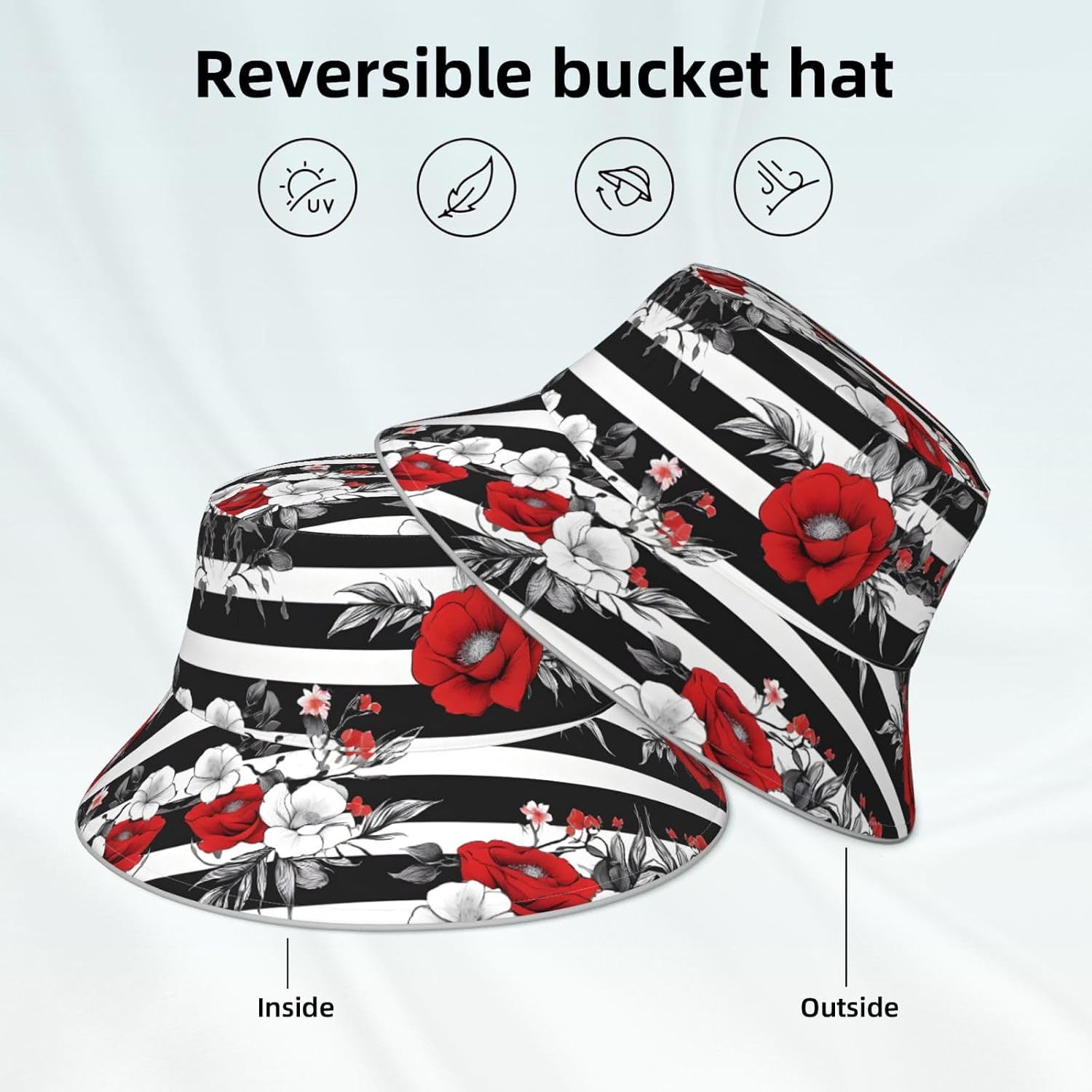 (Black White Stripes Red Rose Flowers) Reflective Reversible Bucket Hat Foldable Breathable Stylish Two-Way Wear for Outdoor Travel Daily Activities