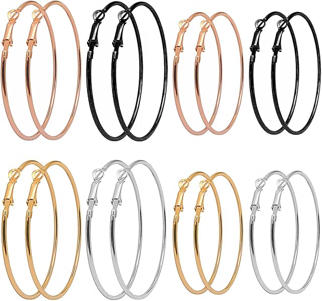 8 Pairs Big Hoop Earrings Bulk Hypoallergenic Stainless Steel Hoop Earrings Circle Fashion Big Hoop Earrings 4 Colors Large Hoop Earrings for Women Girls(Gold Plated, Rose Gold, Silver, Black)