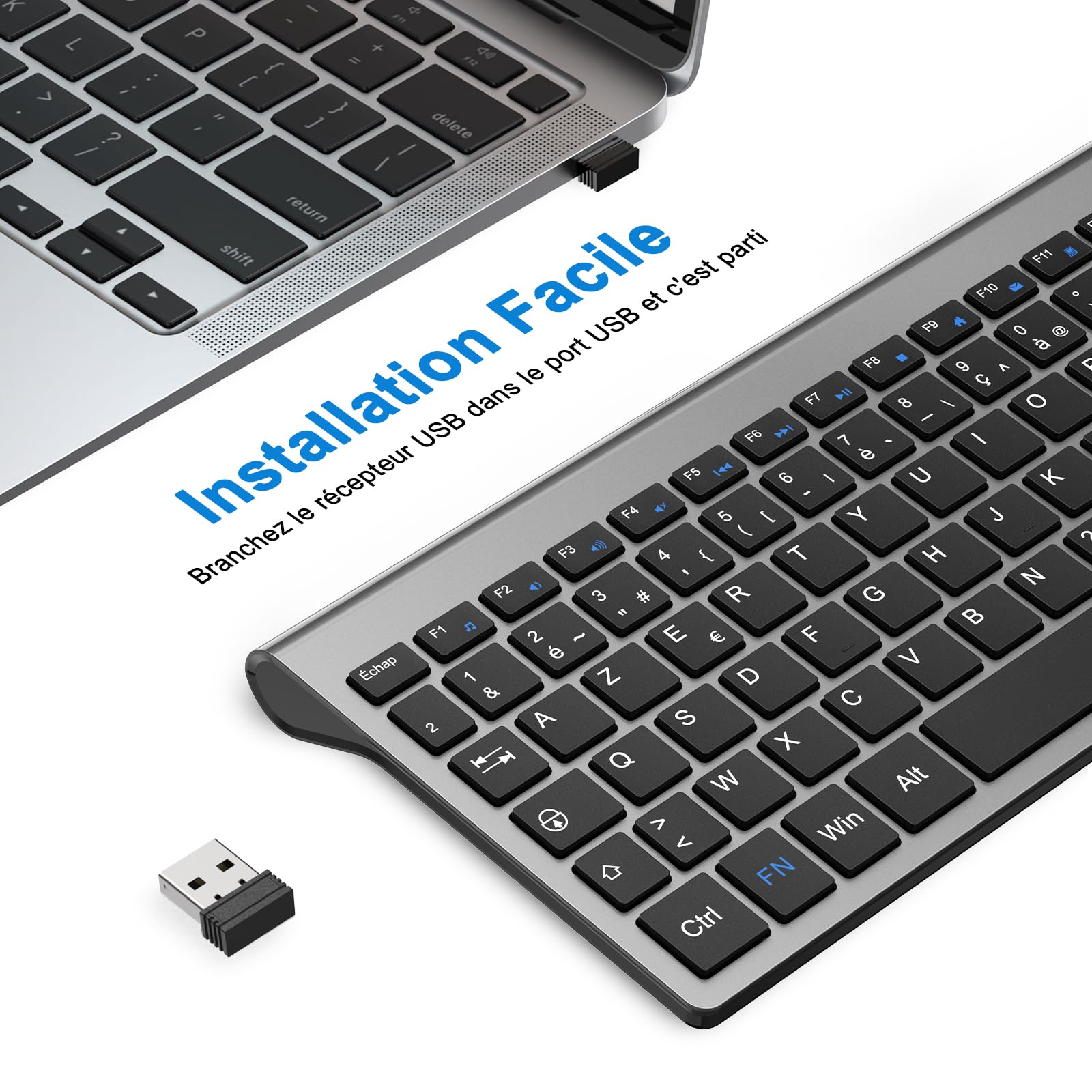 cimetech Clavier sans Fil, Clavier AZERTY Français avec Récepteur Nano USB 2.4GHz Ergonomique Compatible avec Windows/MacOS, Windows PC Laptop - Gris