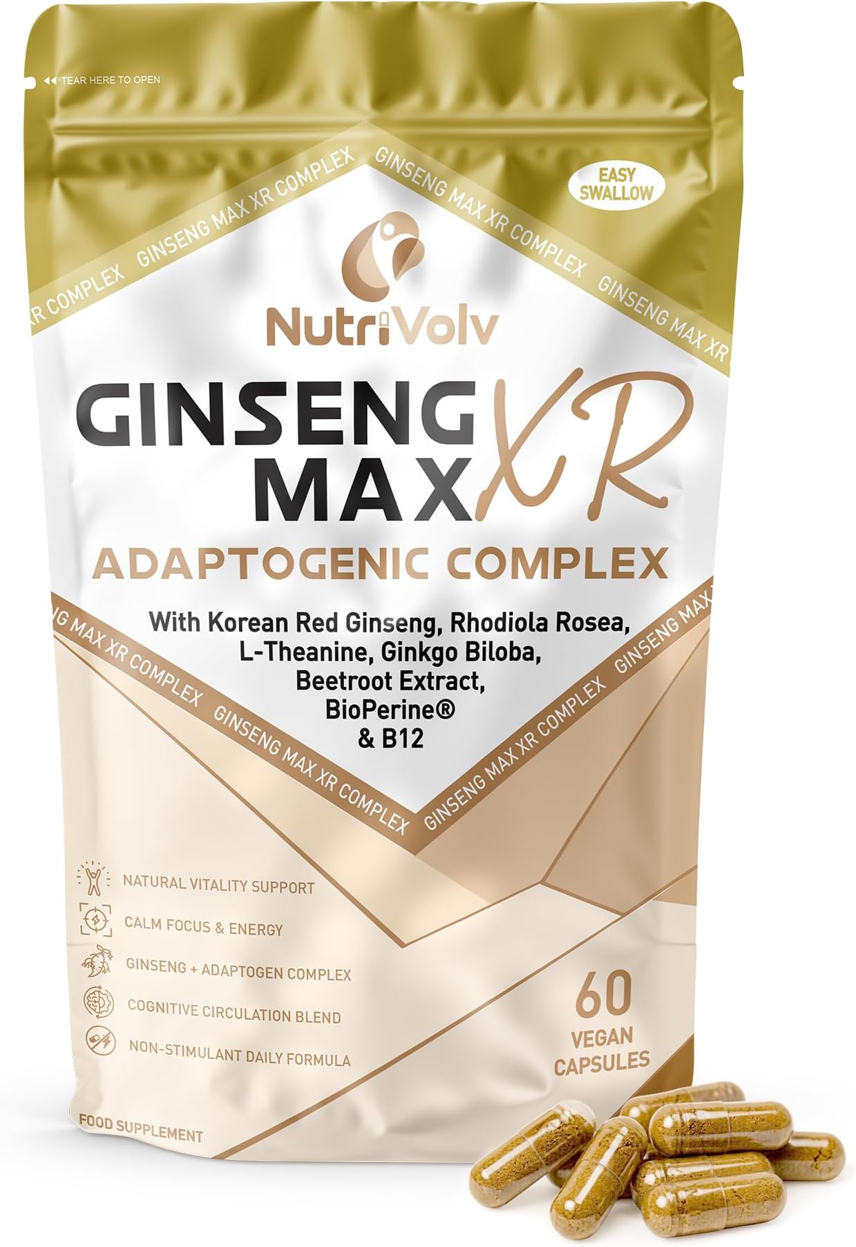 Ginseng Max XR Complex | 60 Vegan Capsules | Korean Red Ginseng, Rhodiola, L-Theanine, Ginkgo, Beetroot, BioPerine & Methyl B12 | Adaptogenic Energy & Focus Support | 30 Days | UK Made | by NutriVolv