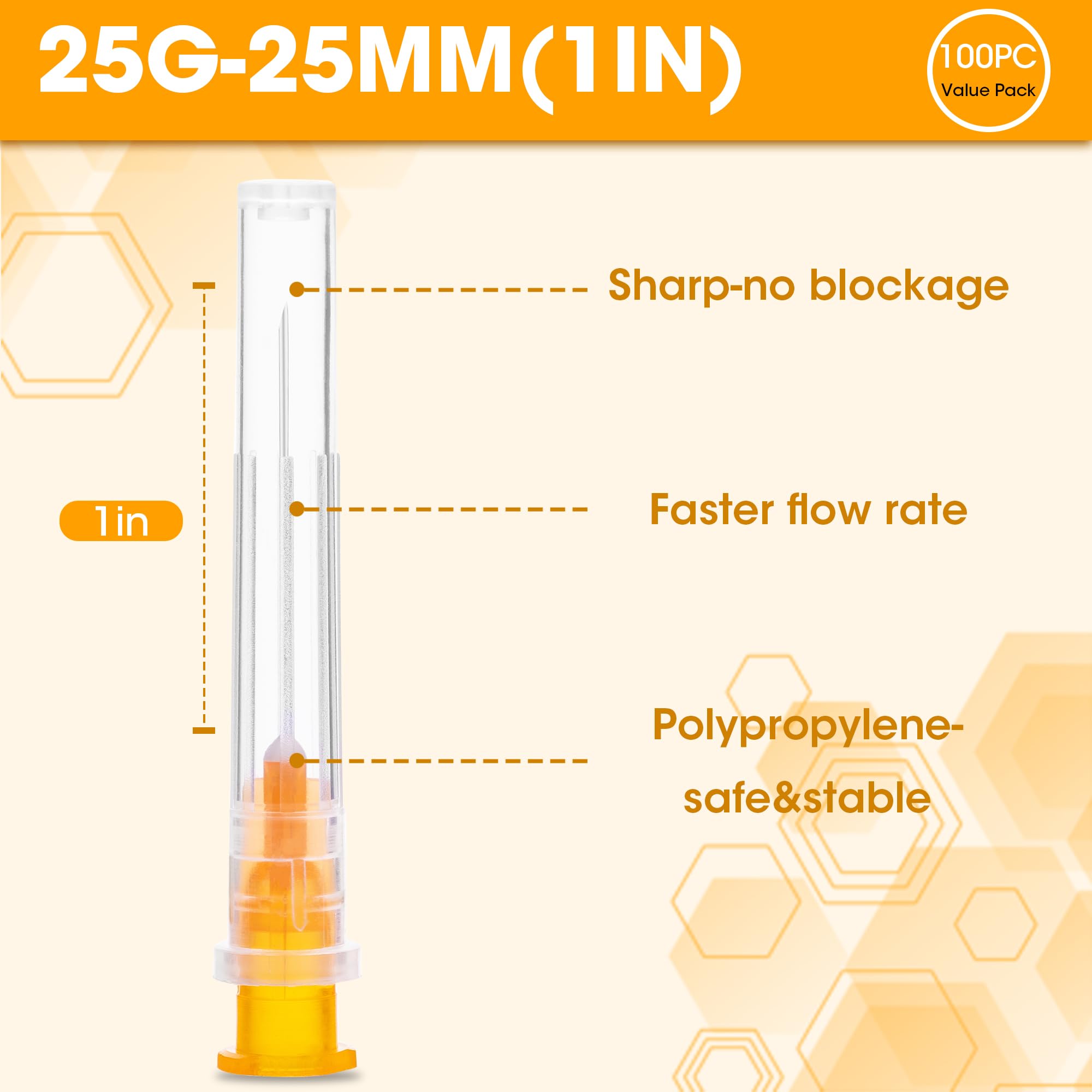 25Ga 1 Inch Luer Lock Needle with Cap - Disposable 25G Needles for Precision Refilling of Glues, Inks, and Adhesives, Sterile Individually Wrapped, Box of 100 — Amazon image 2