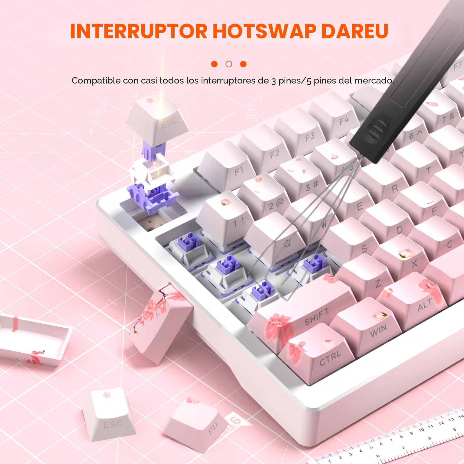 DAREU EK75PRO Sakura Pink Teclado Gaming Rosa,75% RGB Hot-Swappable Teclado mecánico cremoso con Perilla,2.4Ghz/BT5.1/USB-C, Montaje de Junta, PBT Keycaps, Linear Dream Switch para Win/Mac
