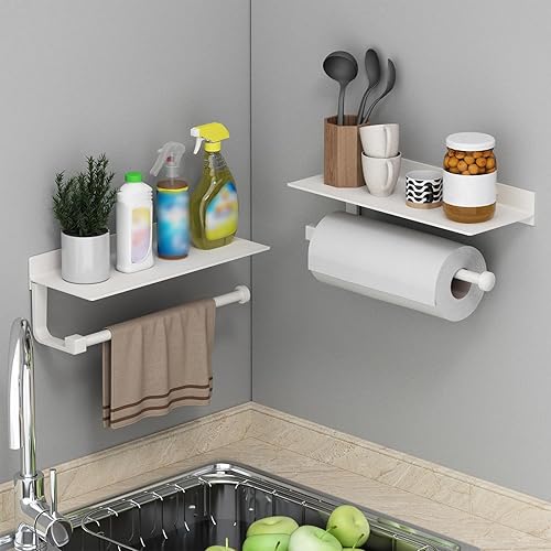 Miniatura 4 de Soporte de Toalla de Papel Danpoo Blanco con Estante para Montaje en Pared, Soporte Adhesivo para Toallas de Mano para Baño, Soporte para Toallas de