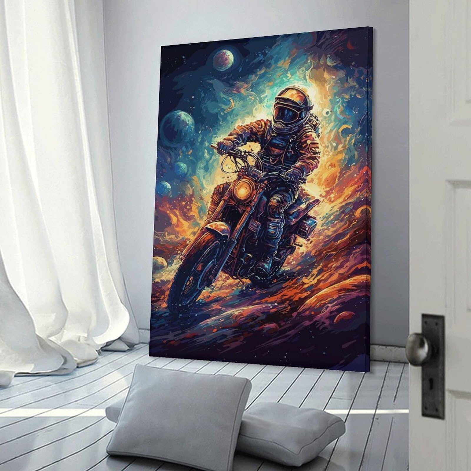 Junmoney Decorative Wall Artwork Motorcycle Astronaut Space, 24x36inch(60x90cm), for Corridors, Hallways Or Apartment Entries, Wall Decor to Refresh Empty Corners