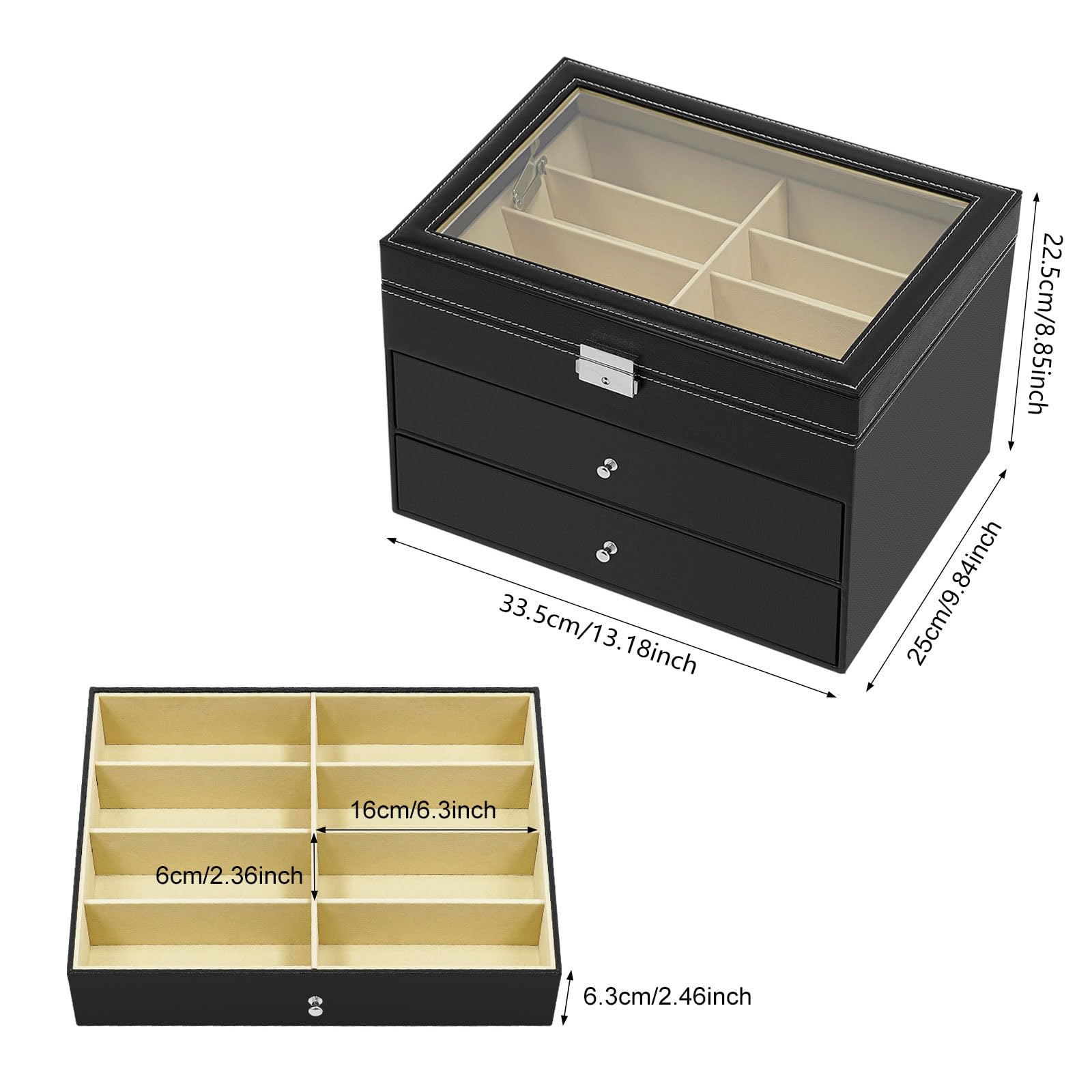 Brillenbox 24 Fächer, Glasdeckel, Schloss und 2 Schubladen | Brillen Organizer, Sonnenbrillen Aufbewahrung, Schmuck Organizer, MDF mit PU-Bezug, weiches Futter, für Zuhause und Optiker