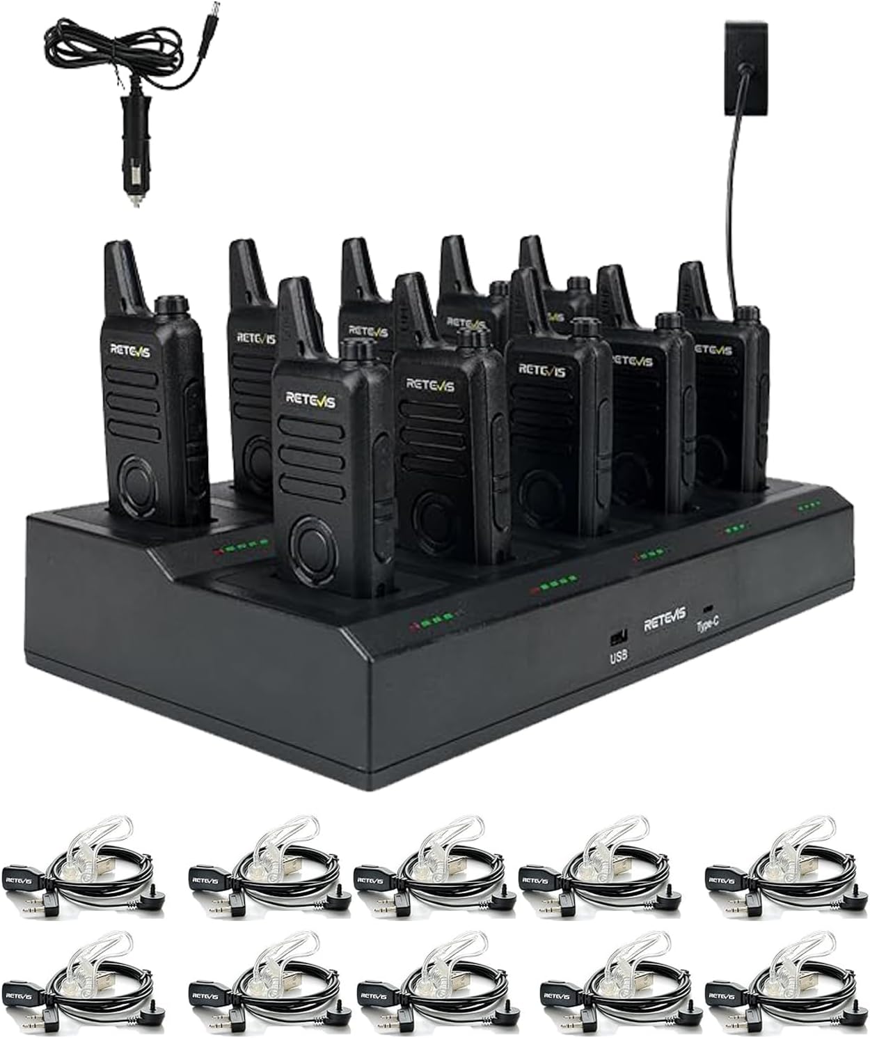 Retevis RT22S Walkie Talkies(10 Pack) with Walkie Talkies Earpieces(10 Pack), Handheld 2 Way Radio Rechargeable,Charging Progress Visible for Business Warehouse School