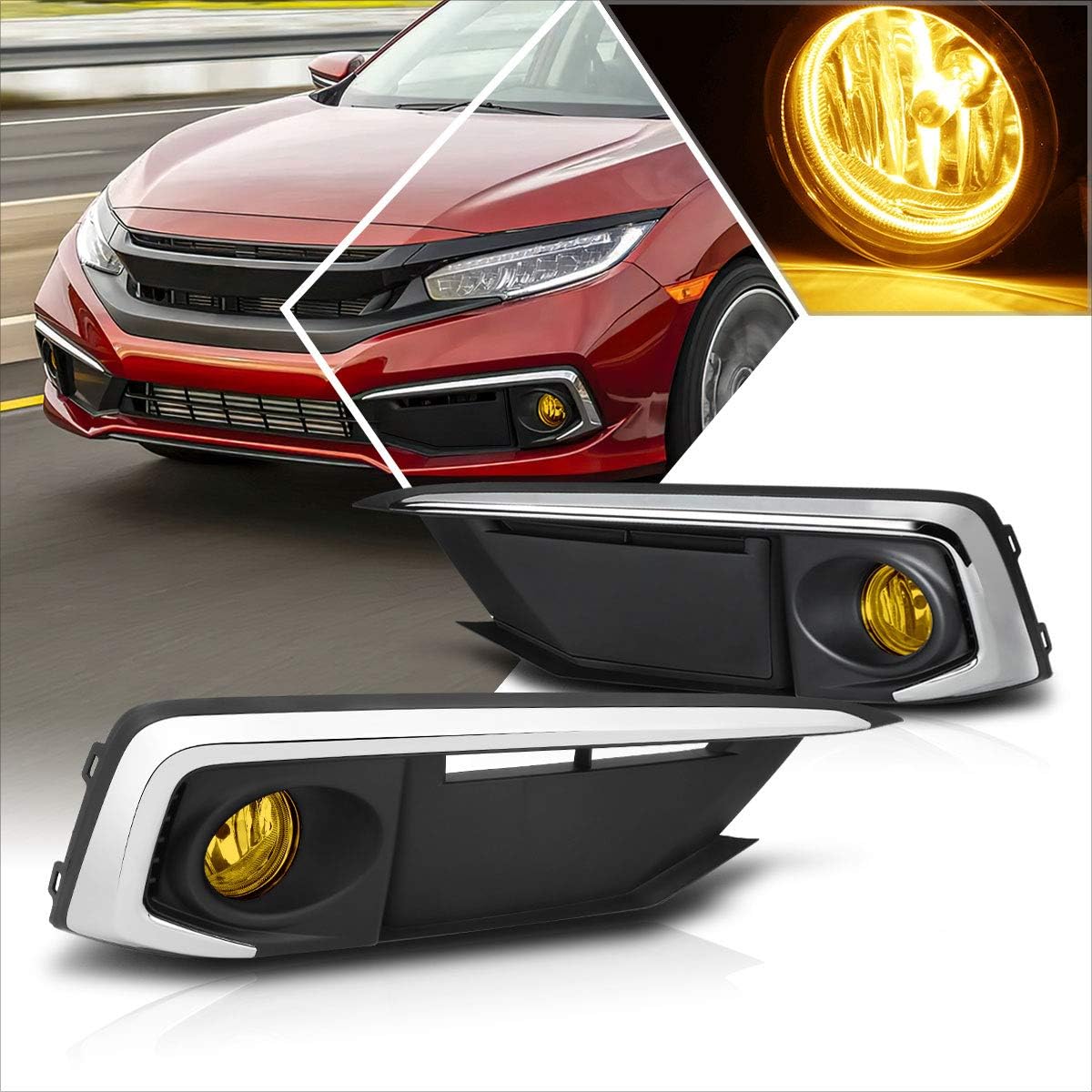 Front Bumper Fog Lights+Bezel+Switch Compatible with 19-20 Honda Civic Coupe Sedan,Clear Lens