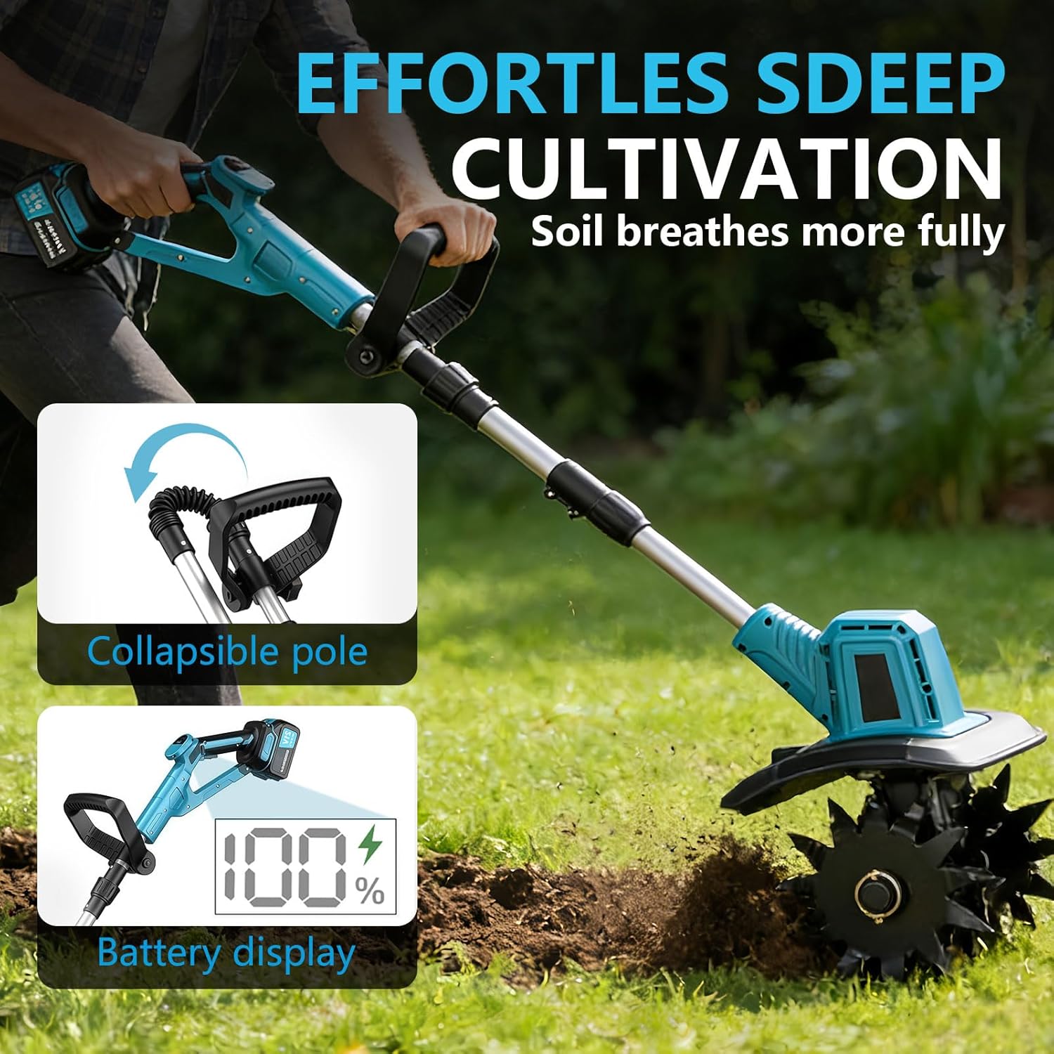 Electric Cordless Tiller Cultivator 21V Lightweight Tiller for Gardening 12 in Tilling Width 8 in Depth Rototiller with 2 * 4.0Ah Batteries and Charger for Garden Lawn and Soil Cultivation Blue