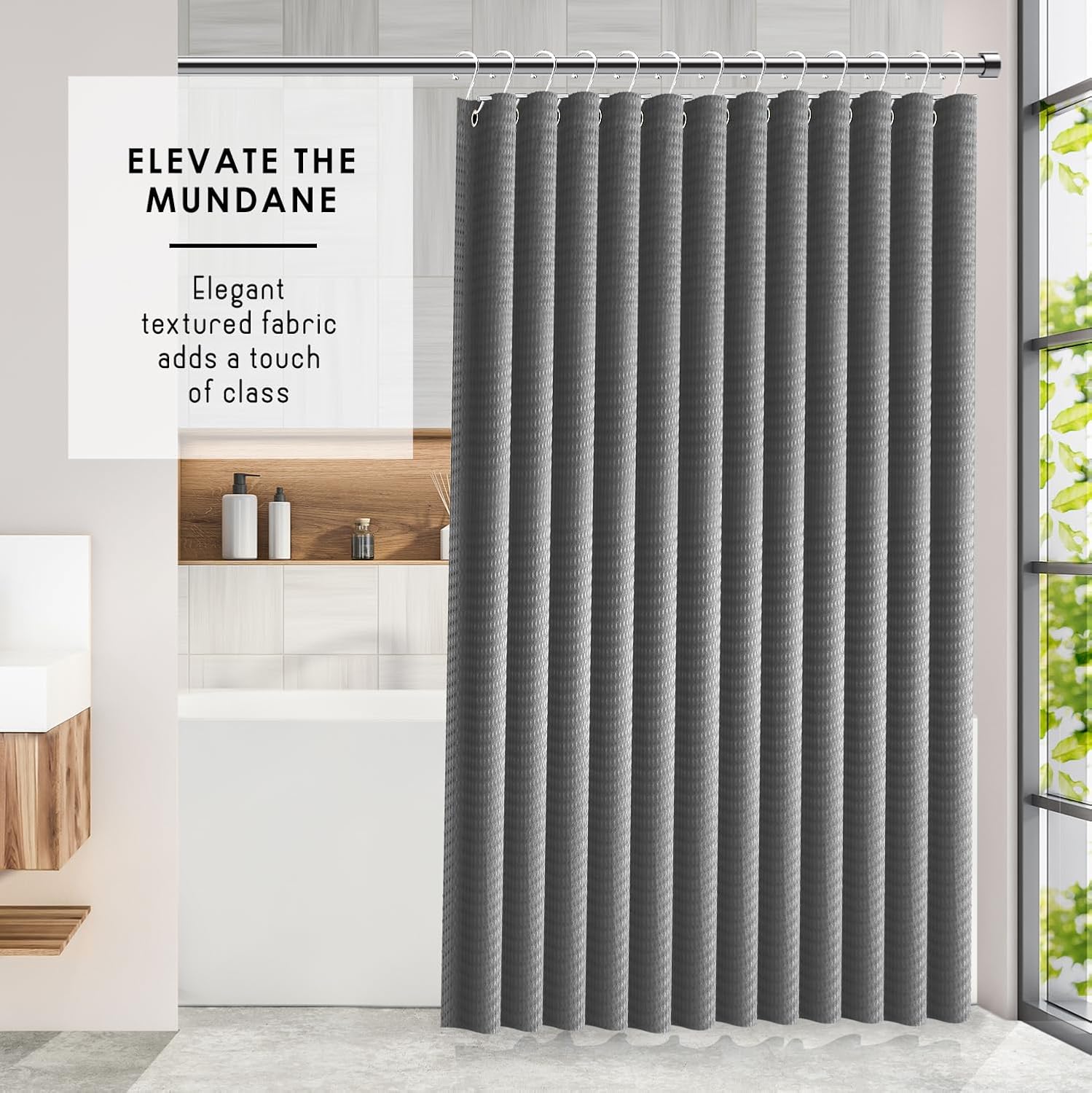 Clara Clark Grey Shower Curtain - Hotel Quality Waffle Fabric Bath Curtain 72x72, Heavy Duty Waterproof Shower Curtains for Bathroom