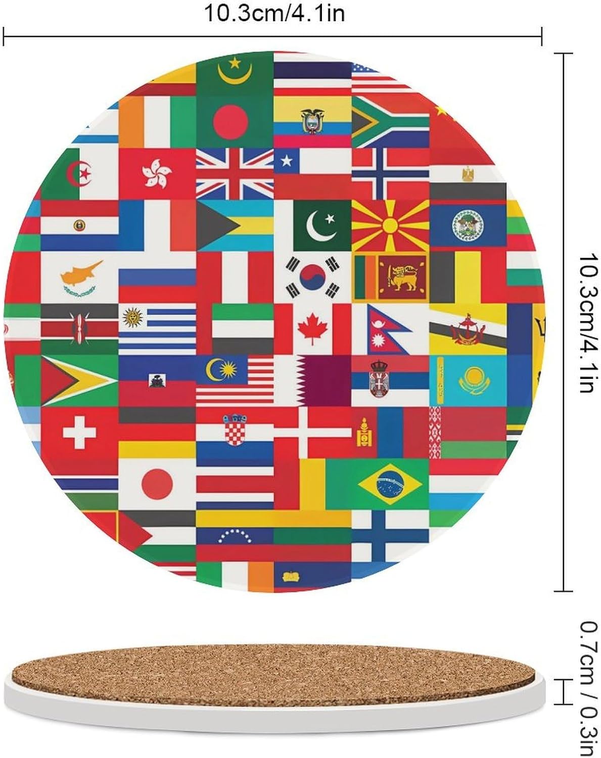 World Country Flags Round Ceramic Coasters for Drinks Absorbent Cup Holder Tabletop Protector with Cork Base
