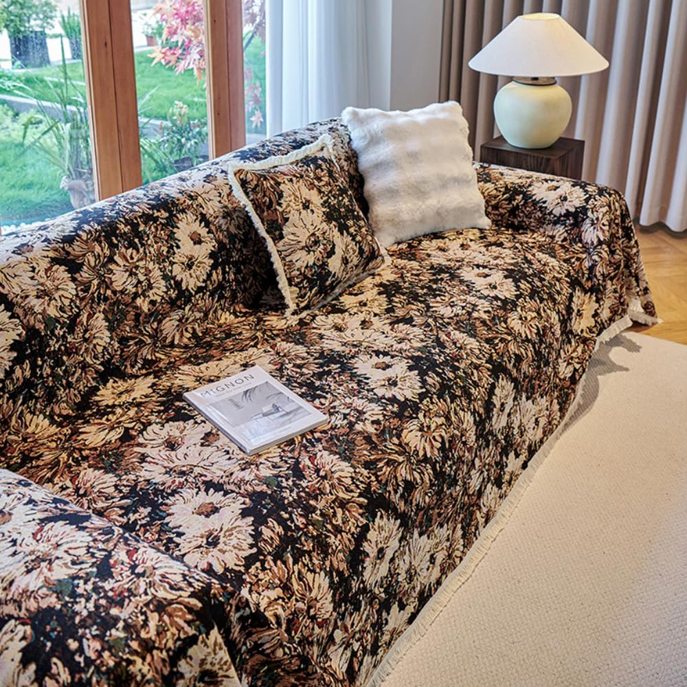 Dog Couch Cover Chenille Reversible Black Couch Protector,Sectional Sofa Cover Bohemian Decor for Sofa (Classic Flowers, XX-Large:71"x150")