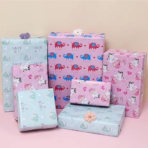 Miniatura 3 de BULKYTREE Papel de regalo para baby shower para niñas recién nacidas, lindos elefantes, ballenas y pájaros, papel de regalo para fiesta de