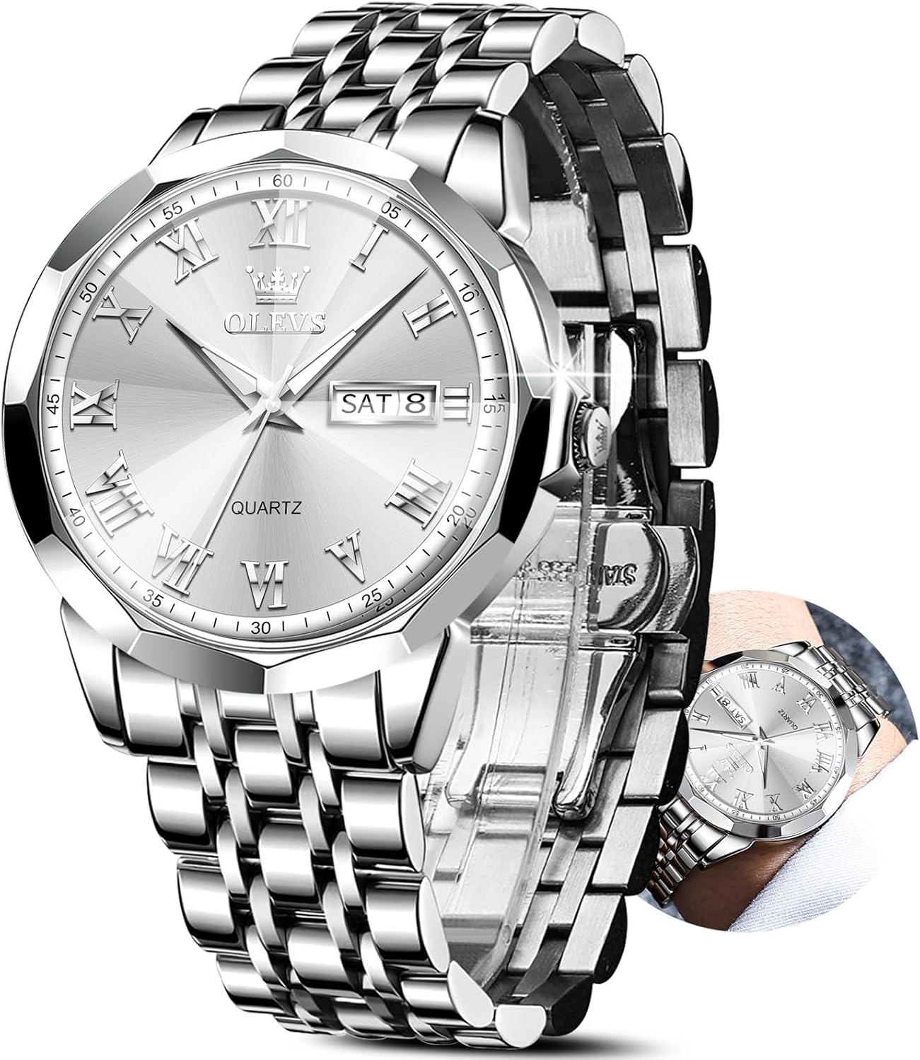 OLEVS Classic Men Watches with Date,Stainless Steel Man Watch with Date, Bussiness Watches for Men,Luminous Quartz Mens Watches Black/White/Blue/Gold, Waterproof Male Watch with Week