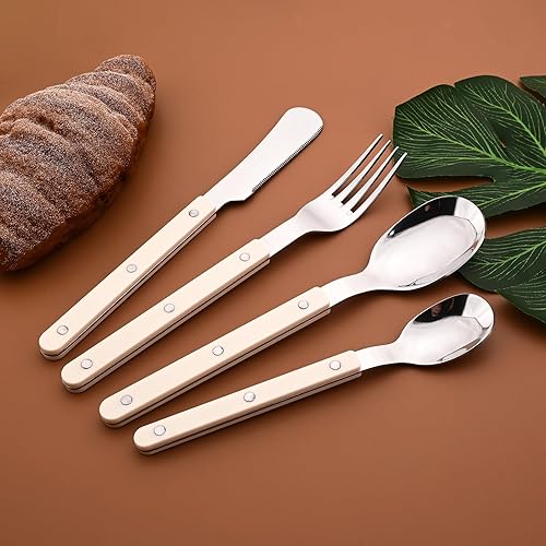 Miniatura 2 de Snplowum Juego de cubiertos de 24 piezas con mango de plástico para 6, juego de cubiertos de acero inoxidable con espejo que incluye