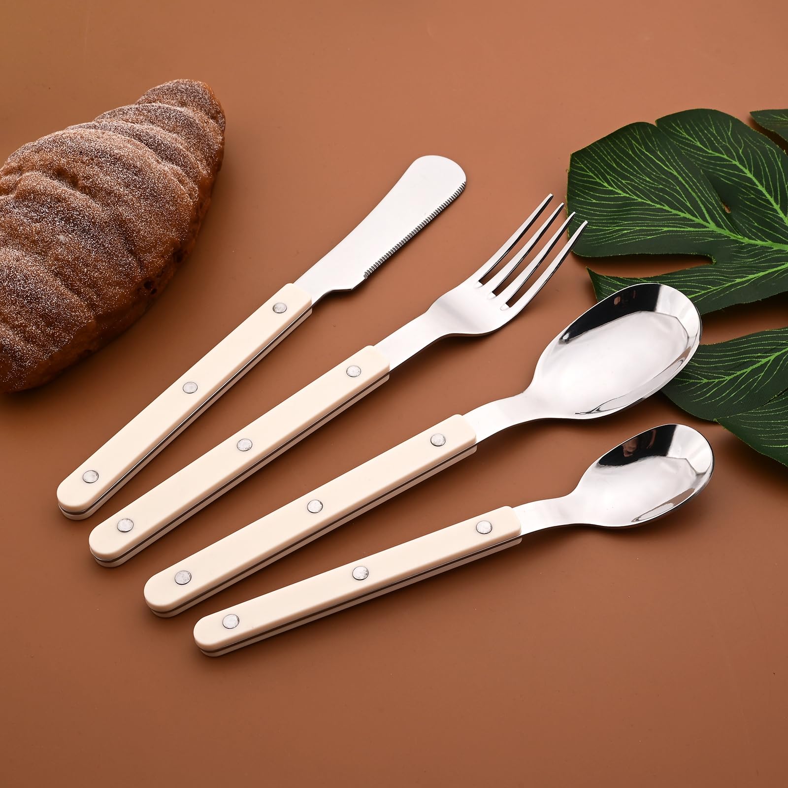 Snplowum 24Pcs Stainless Steel Tableware Set, Rivet Acrylic Handles Set Include Knife Fork Spoons Teaspoons, White Silver, Mirror Polish, Service for 6