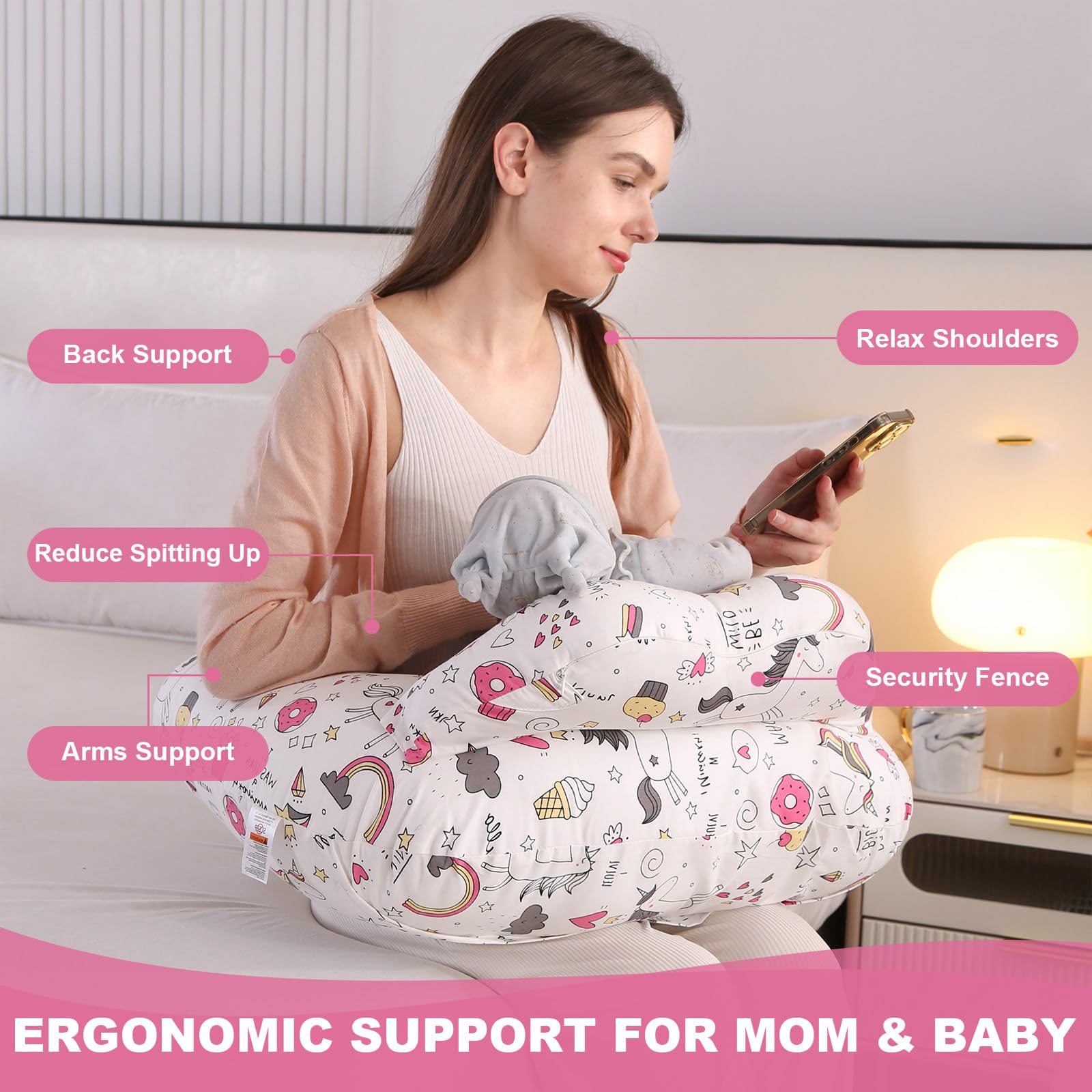 SHANNA Baby Nursing Pillow for Breastfeeding: 100% Cotton Pregnancy Pillow with Adjustable Waist Strap Baby Breast Feeding Pillow Soft and Comfortable Machine-Washable for Newborn(Rainbow Donut) - Image 2