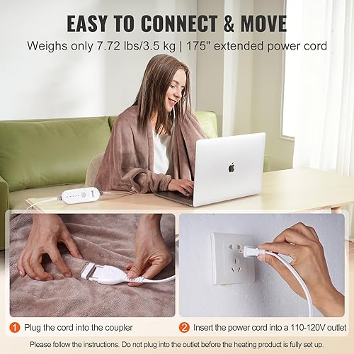 Miniatura 5 de VEVOR Manta térmica eléctrica, 84 x 90 pulgadas, tamaño Queen, manta térmica de franela suave con temporizador de 10 horas de apagado automático y 5