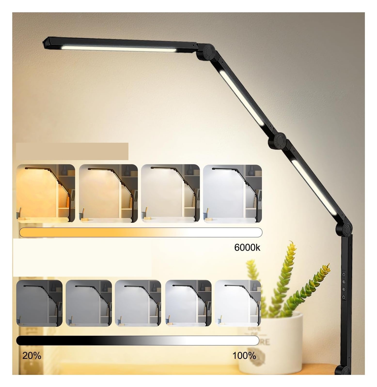 Lampa biurkowa LED z zaciskiem, elastyczne 4-częściowe ramię wychylne, lampa biurkowa z trzema źródłami światła, 4 tryby kolorów i 5 poziomów jasności
