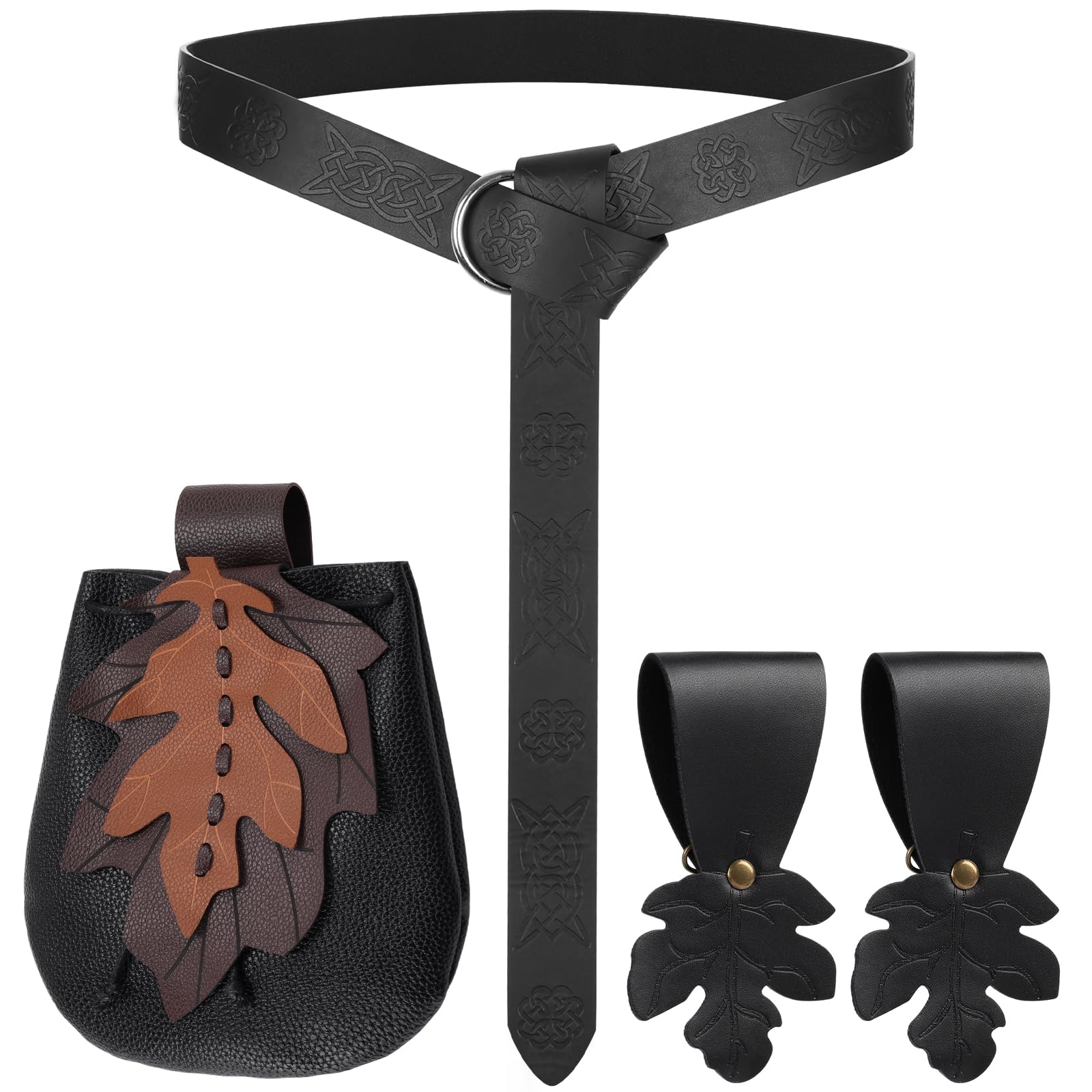 Magibag Women Renaissance Accessories Leather Belt Pouch Medieval Viking Skirt Hikes Renaissance Leaf Cosplay for Halloween, Black, 64.57 inches