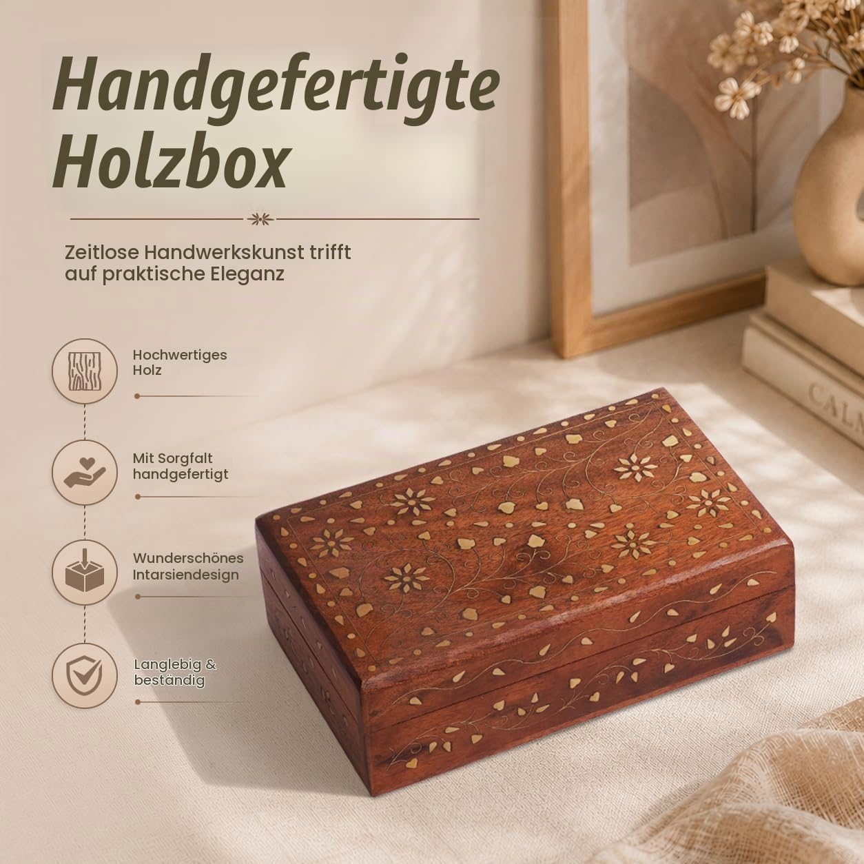 Ajuny Holz Schmuckbox Floral Messing Inlay Handgeschnitzt 8x5 Zoll Vintage