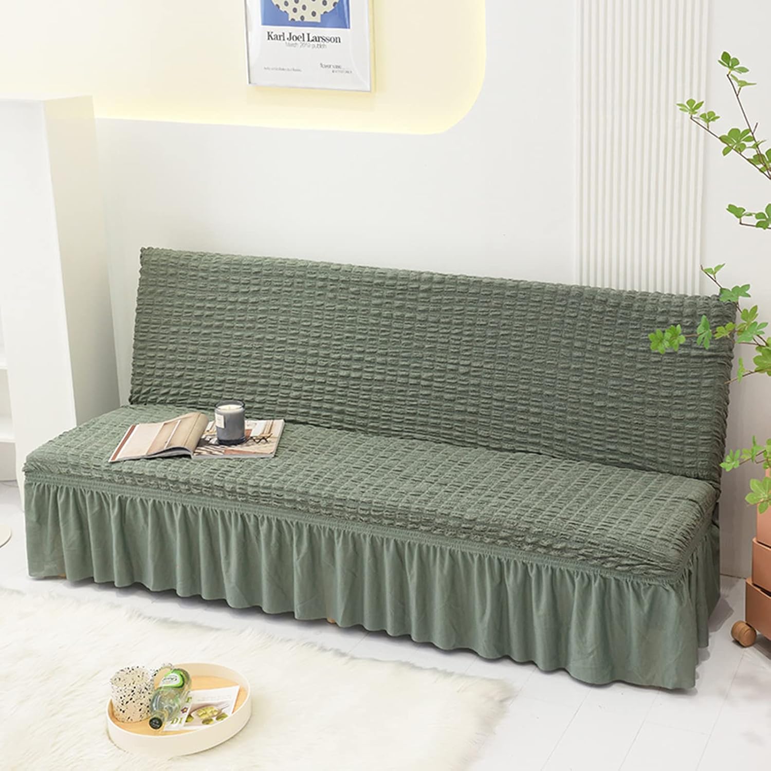 Solid Colour Armless Sofa Bed Cover Polyester Spandex Futon Slipcover with Elastic Bottom and Skirt Anti-Slip Protector for Couch Without Armrest -Light Green-