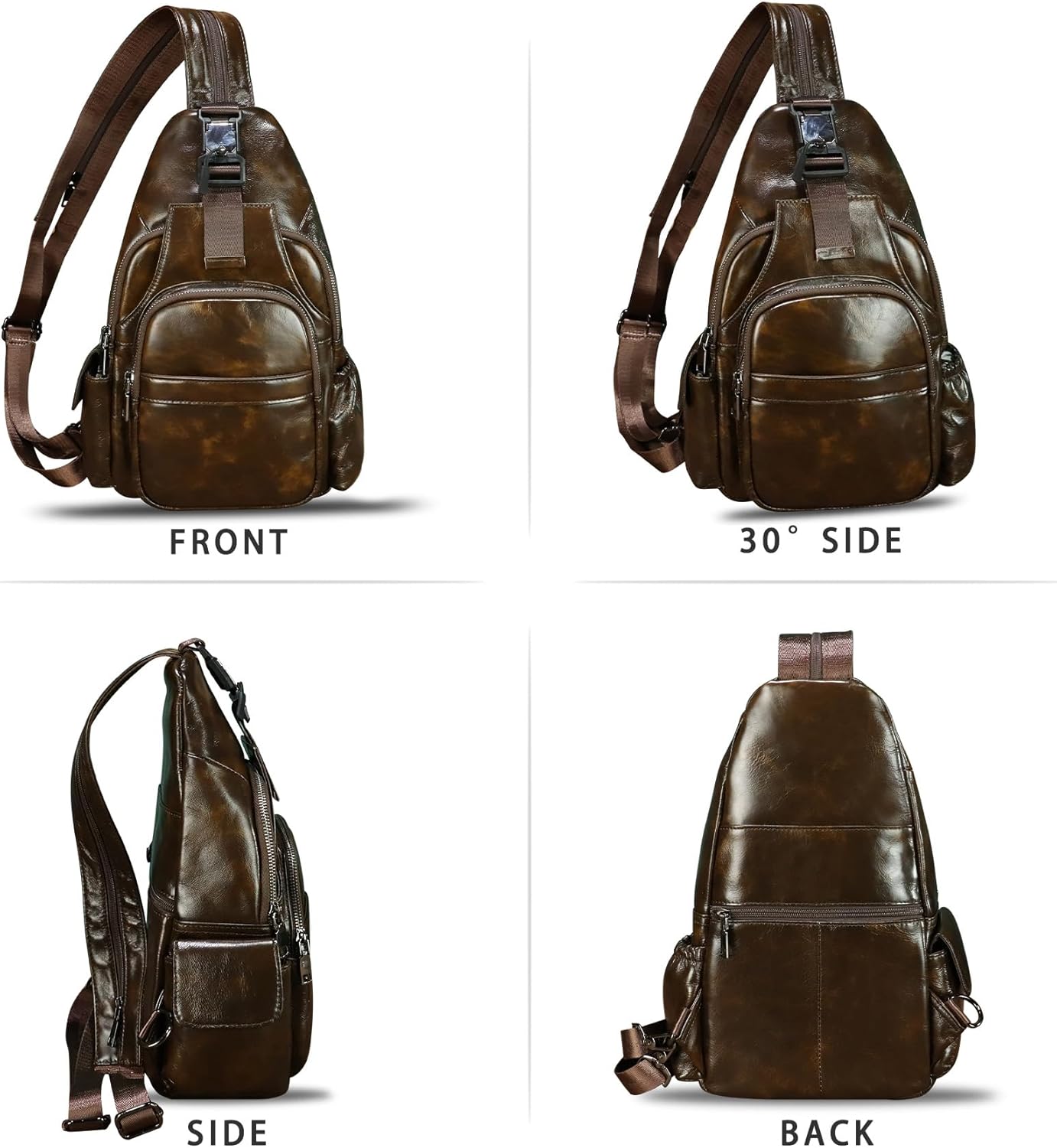 LRTO Genuine Leather Sling Bag for Men and Women Handmade Sling Backpack Purse Chest Over Shoulder Crossbody Bag Large Capacity (Coffee) - Image 4