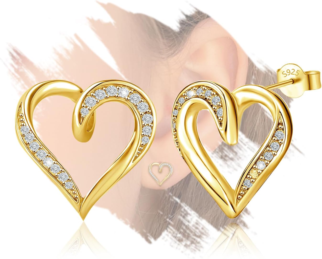 Heart Stud Earrings for Women - Sterling Silver Double Love Heart-Shaped Earrings for Lady Hypoallergenic Silver/Gold Sparkle Cubic Zirconia Post Earring Classic Jewelry Gifts for Her Wife Mother