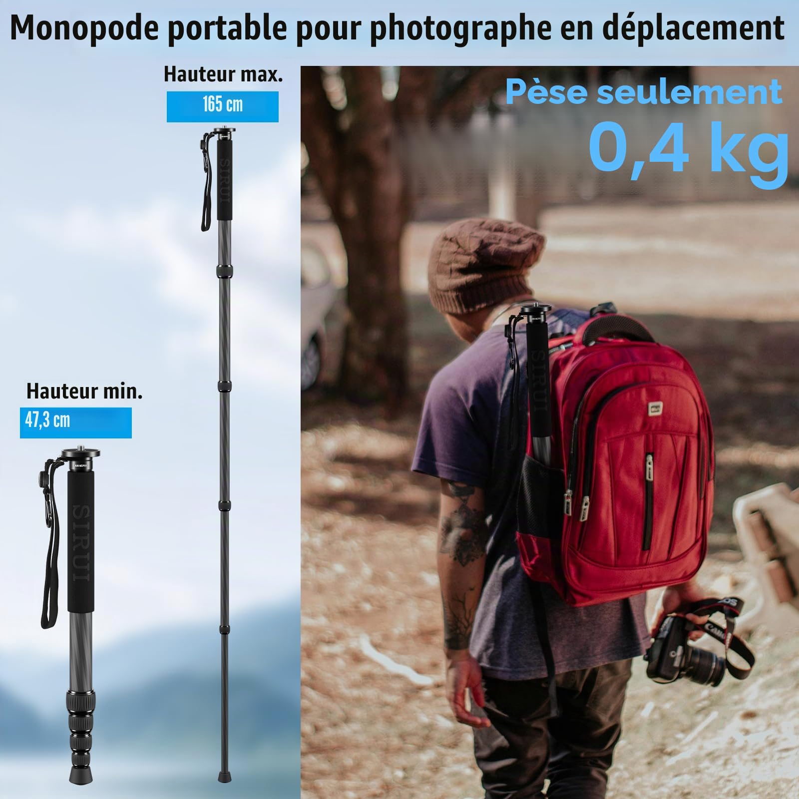 SIRUI Monopode en Fibre de Carbone pour Appareils Photo, 65‘’ Monopode de Voyage Compact et Léger’, 5 Sections, Support de Téléphone Inclus, Charge Jusqu'à 22lbs, AM-MDP01