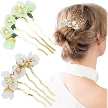 2 PACK Hair Fork Clip, Jade Flower Hairpins, Green and White Hair Fork Clip, Vintage Flower Hair Stick, Side Hair Comb 4 Prong Hair Bun Hairpin Sticks Hair Pins Hair Accessories