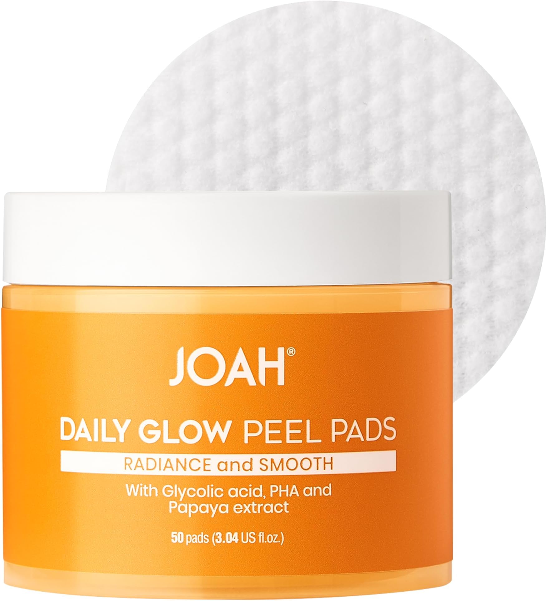 JOAH Daily Glow Exfoliating Cotton Peel Pads with Glycolic Acid, Infused with PHA & Papaya Extract, Free of Gluten, Parabens, Phthalates, SLS, & Formaldehyde, 50 Pads – 3.04 US fl. oz.