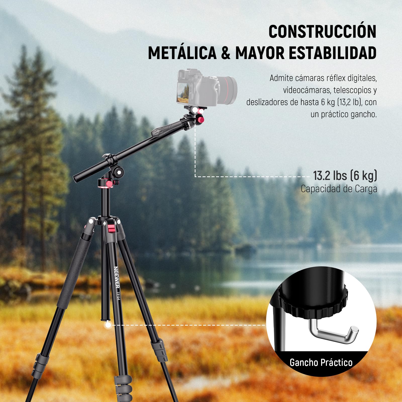 NEEWER Overhead Trípode Monopié Horizontal Cámara con Cabeza Fluida & Columna Central Flexible, 90 Inch Metálico DSLR Video Soporte Viaje, Placa QR Arca & Patas Invertidas, Carga Máxima 13,2lbs, TP64