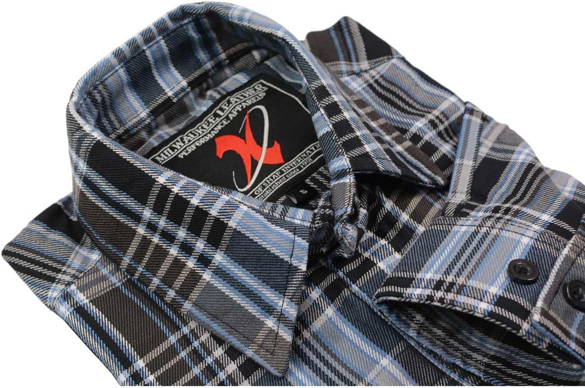 Milwaukee Leather MNG11626 Men's Flannel Plaid Black and White with Blue Long Sleeve Cotton Button Down Shirt