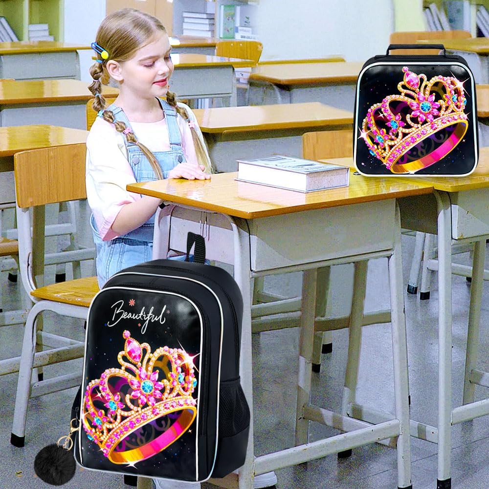 WZLVO 3PCS Crown Backpack for Girls, 16" Glittery UV Printing Kids Bookbag/School Bag with Lunch Box & Pencil Bag for Preschool to Elementary - Golden Crown