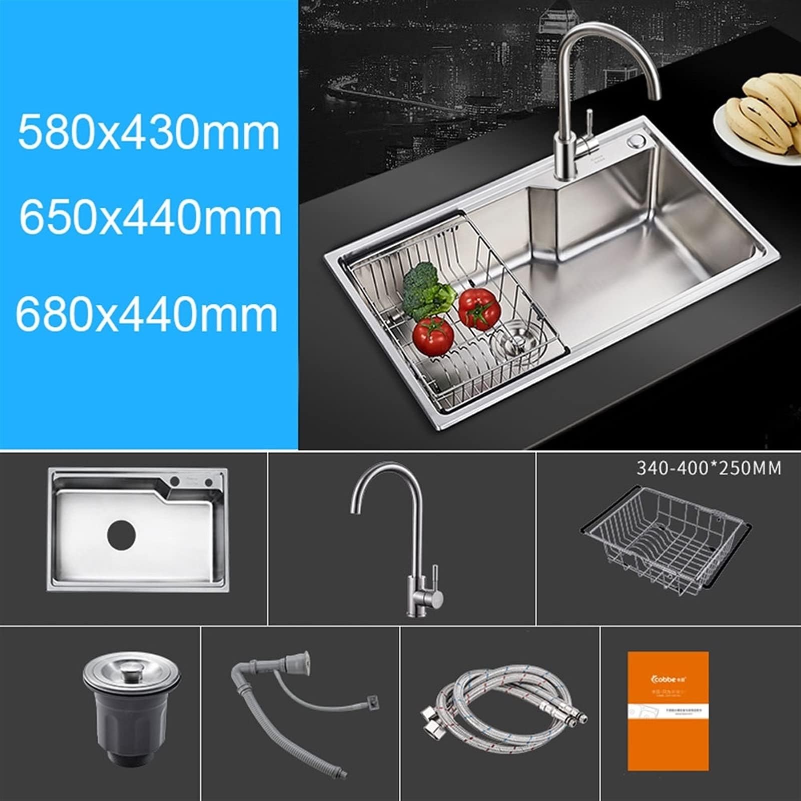 SDdPulse Fregadero de cocina de acero inoxidable 304 con canasta, lavabo de barra de gran capacidad con tubo de drenaje para el hogar y la oficina, plateado, 65 x 43 cm