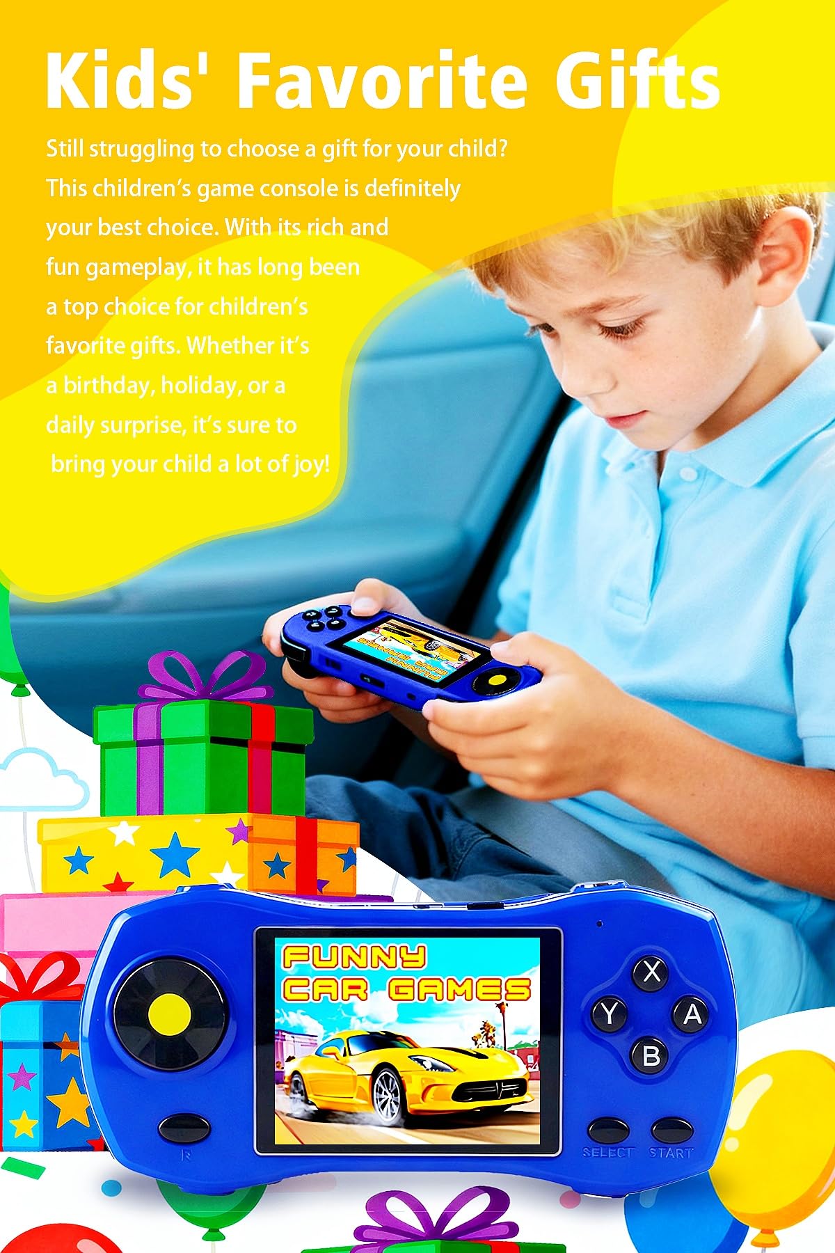 HLF Console de Jeux pour Enfants 3.0 Pouces Design Inspiré des Voitures de Sport 250 Jeux 64bit Connexion TV Jeux Portables pour la Maison et Les Voyages Cadeau d'anniversaire/de Noël