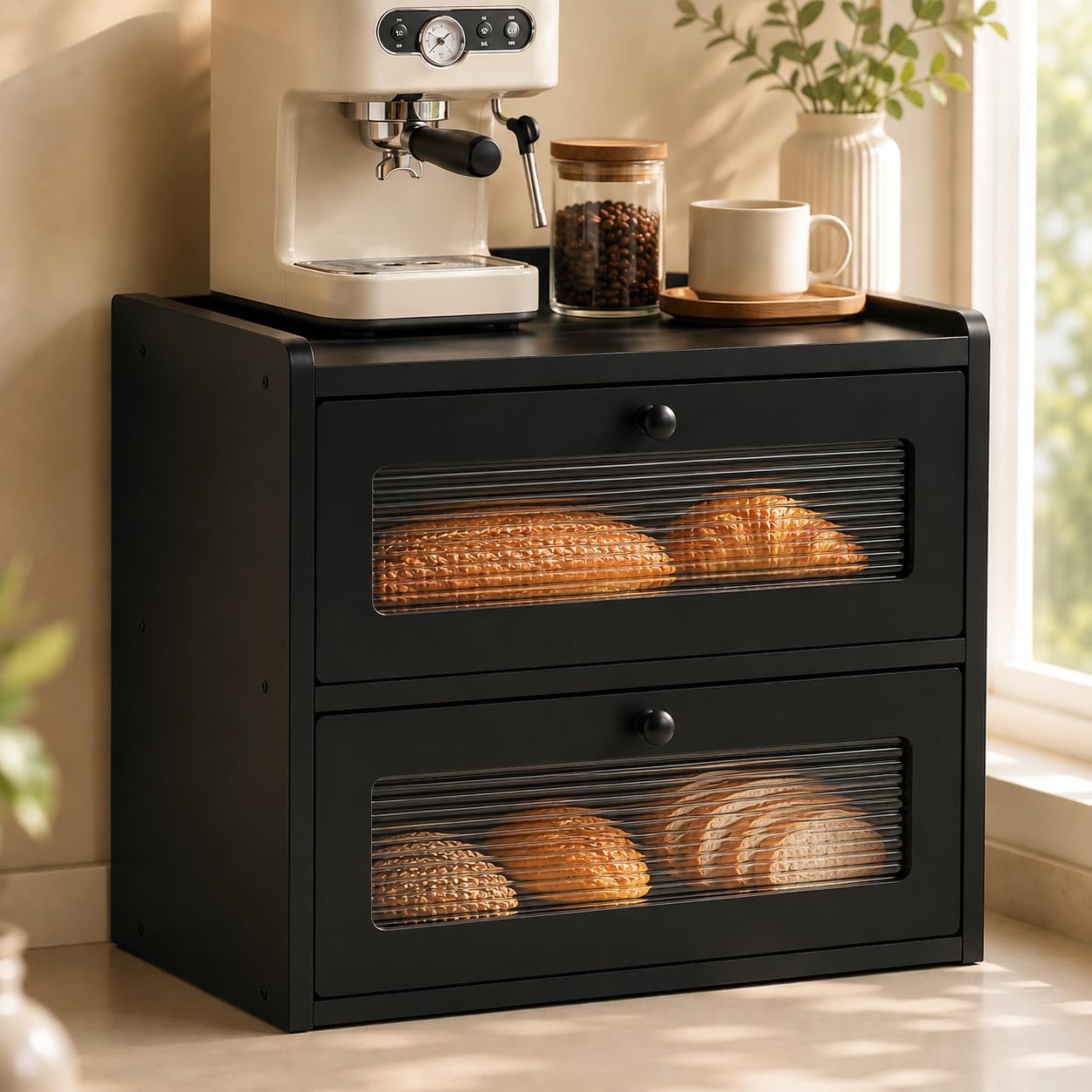 Brotkasten Schwarz 2 Etagen, Brotbox mit Acrylfenster, 36,5 x 23,7 x 34 cm