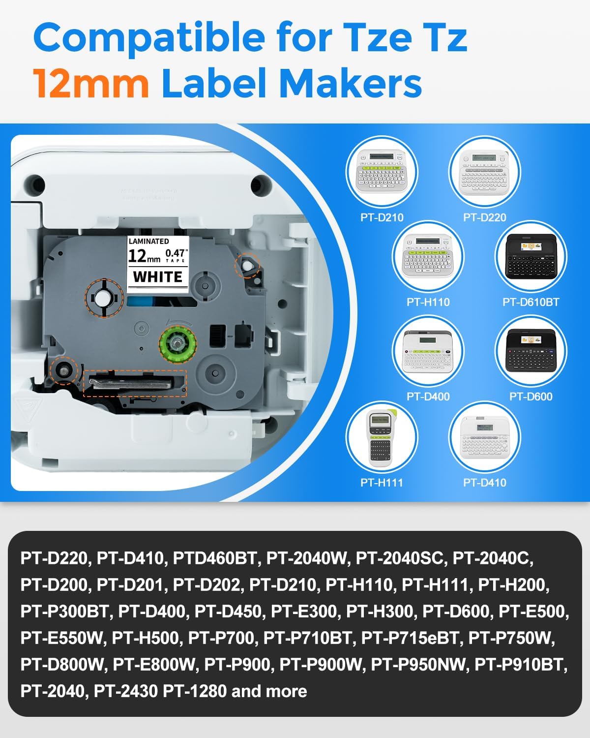 10 Pack TZe231 Compatible for Brother P-Touch TZe-231 TZ231 12mm 0.47" Black on White Laminated Label Tape Compatible for Ptouch PT-D220 PT-D200 PT-D210 PT-D400 PT-H100 PT-1230PC Label Makers