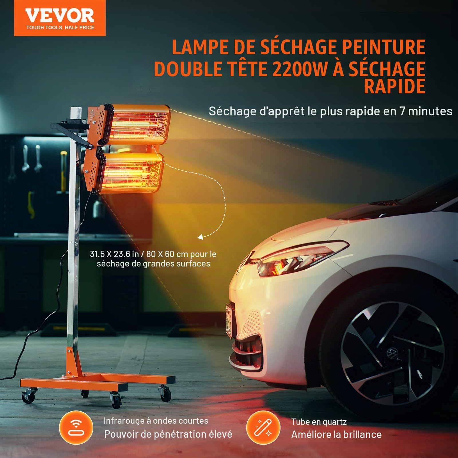 VEVOR Lampe polymérisation Infrarouge, 2200 W, séchoir Peinture Voiture avec Support, minuterie 1-60 Min, Chauffage Cabine Cuisson pulvérisation 0,48 ㎡, Lampe à polymériser pour réparation séchage