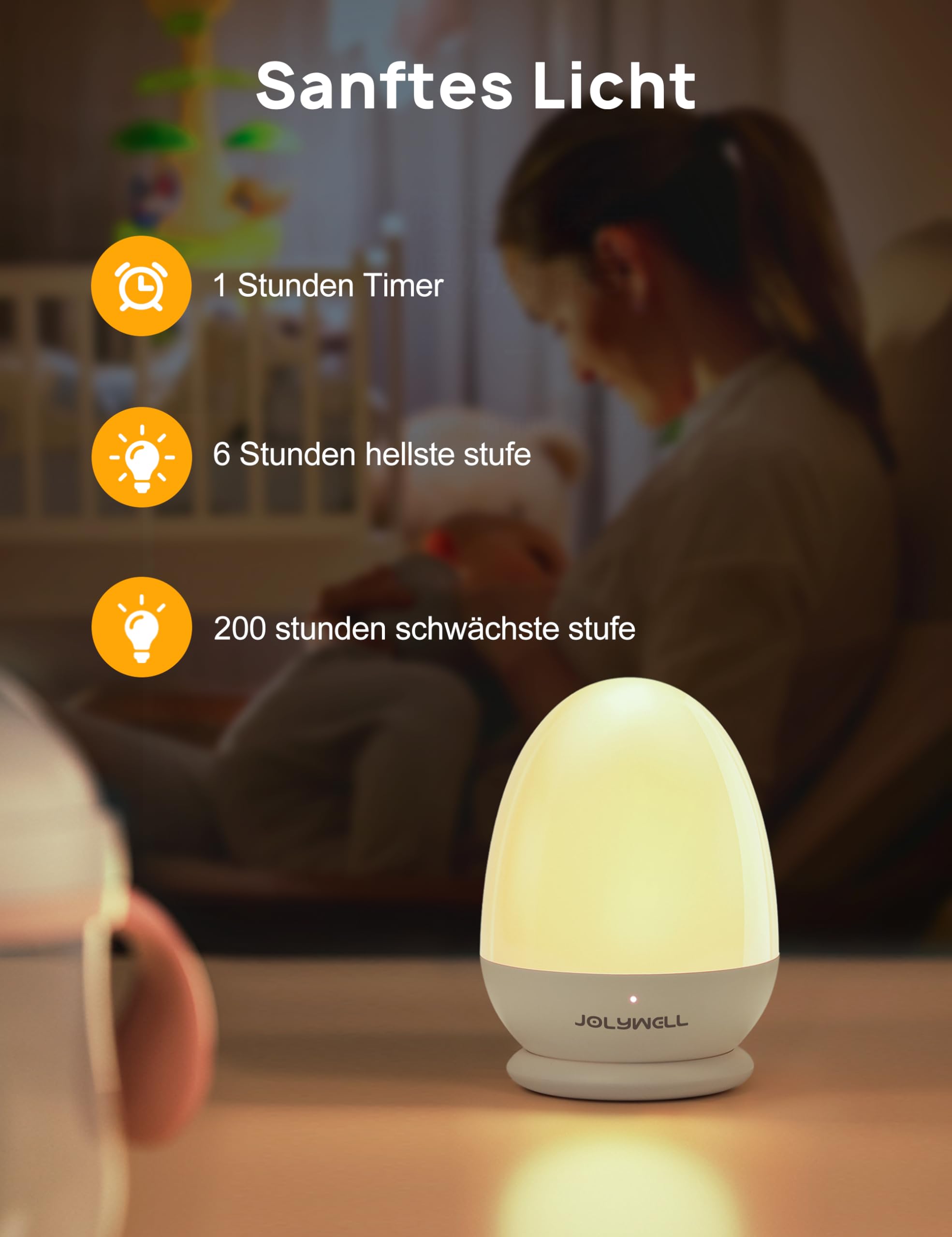 JolyWell Kindernachtlampje, babyvoedingslamp met stabiel