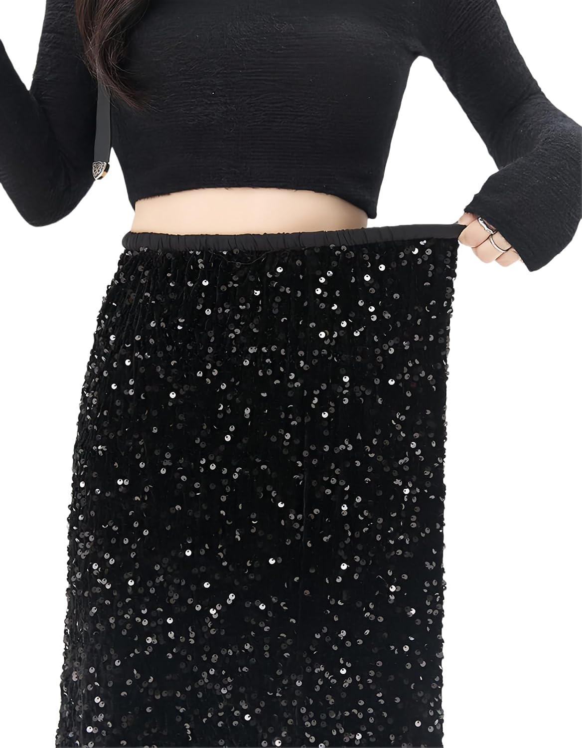 ADWAXDA Women's Long Sequin Skirt Elastic Waist A-Line Glitter Maxi Skirt – Shimmer Party Skirt for Nightclub, Holiday & Prom