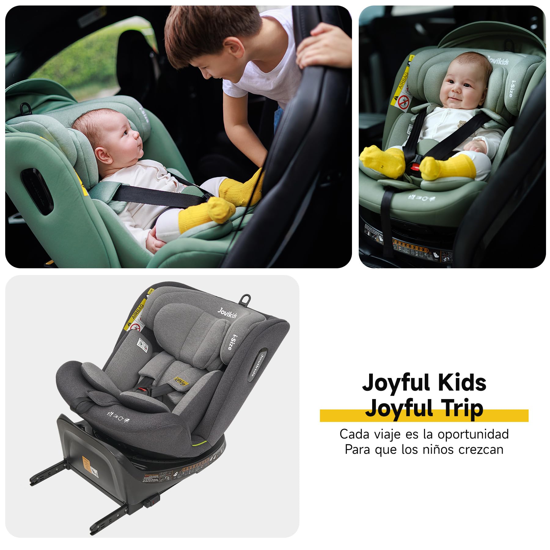 Jovikids I-size Silla Coche Bebé Grupo 0 1 2 3 ISOFIX, Giratoria 360 Universal, ECE R129, para Niños de 40-150cm, 0 Meses-12 Años, Pierna de Apoyo (Gris)