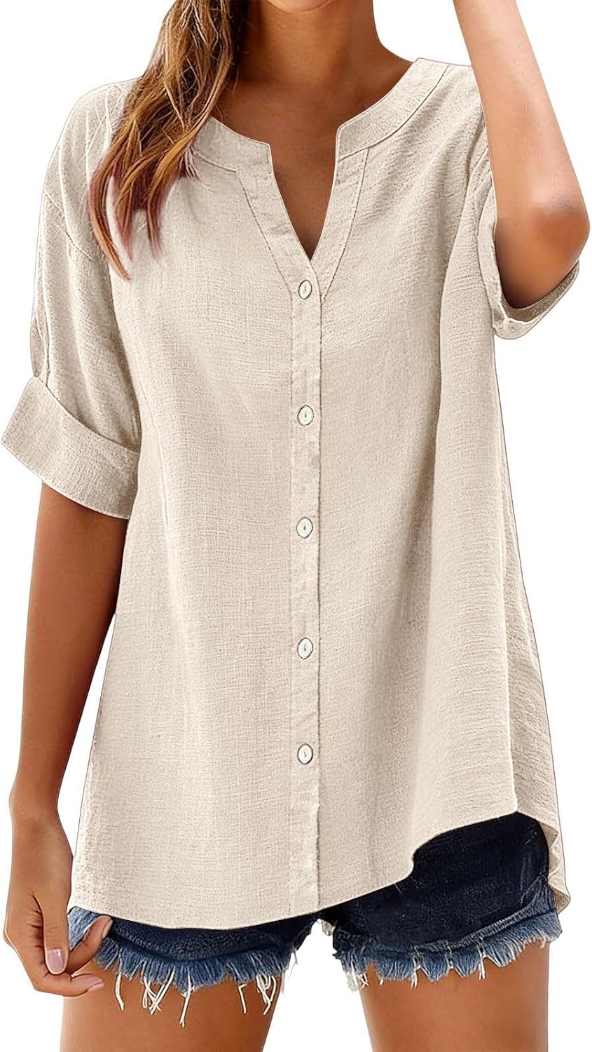 Linen Shirts for Women 2026 Summer Plus Size Boho Gauze Tops Button Down Cotton Blouses V Neck Casual Tunic Clothes