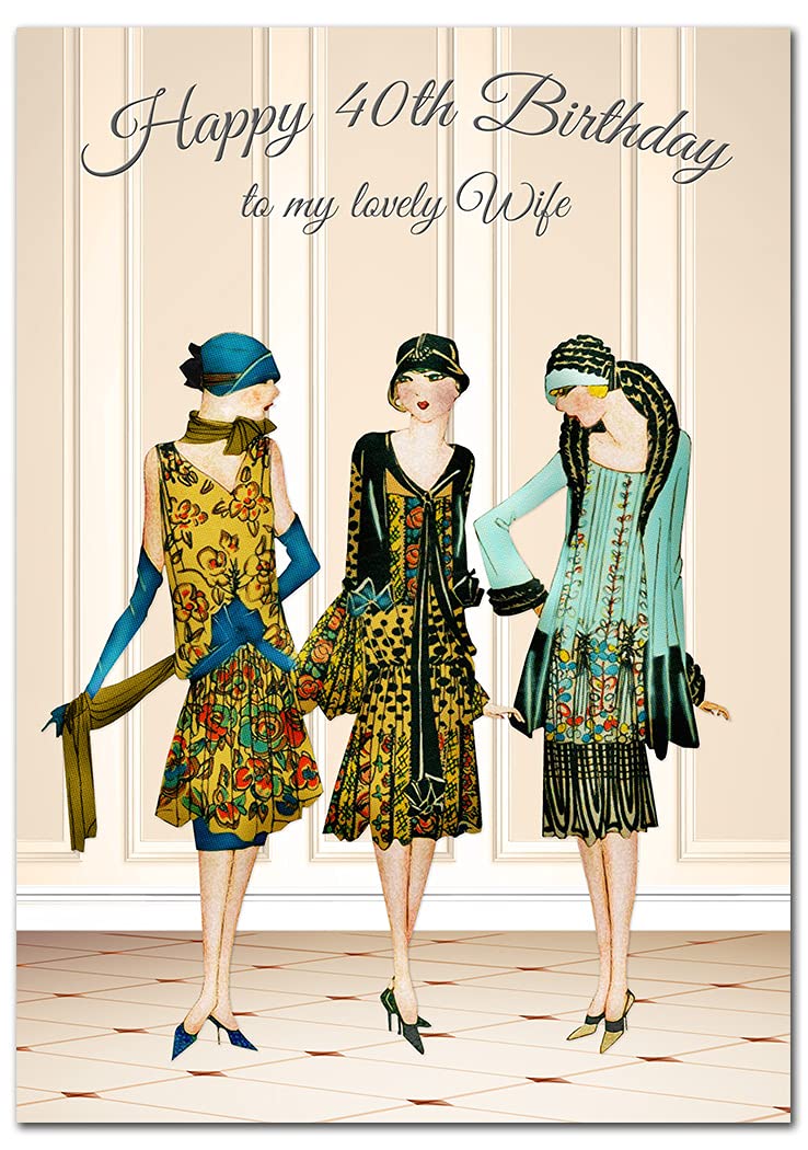 Extra Large Wife 40th Birthday Card - XL Big thick A4 size - Special Age Year Greeting Her Women Female - Beautiful Art Fashion Retro Flapper Girls - Nice Huge Happy Wishes UK Eco-Friendly