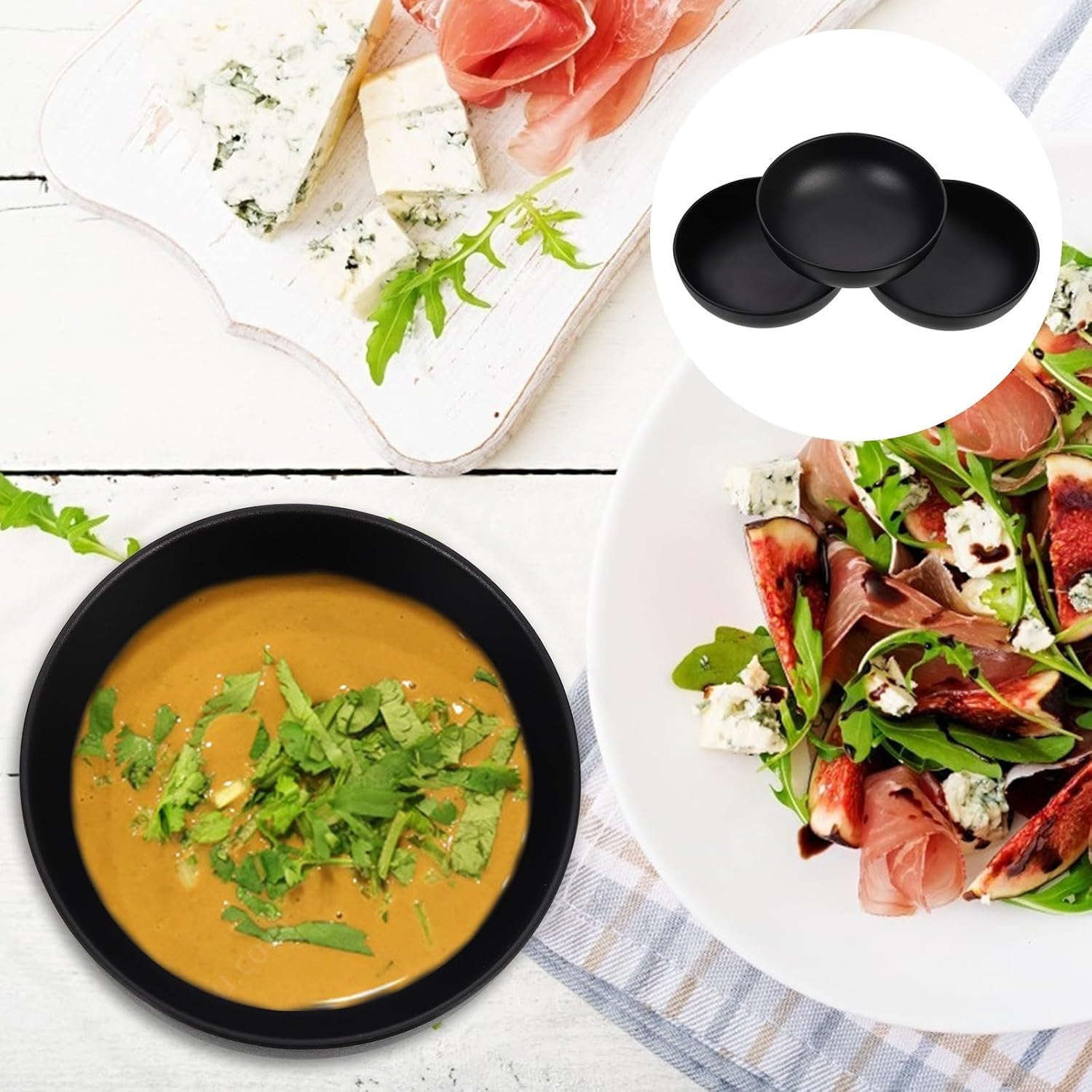 3pcs Small Rice Bowls Black Melamine for Restaurants and Hotels